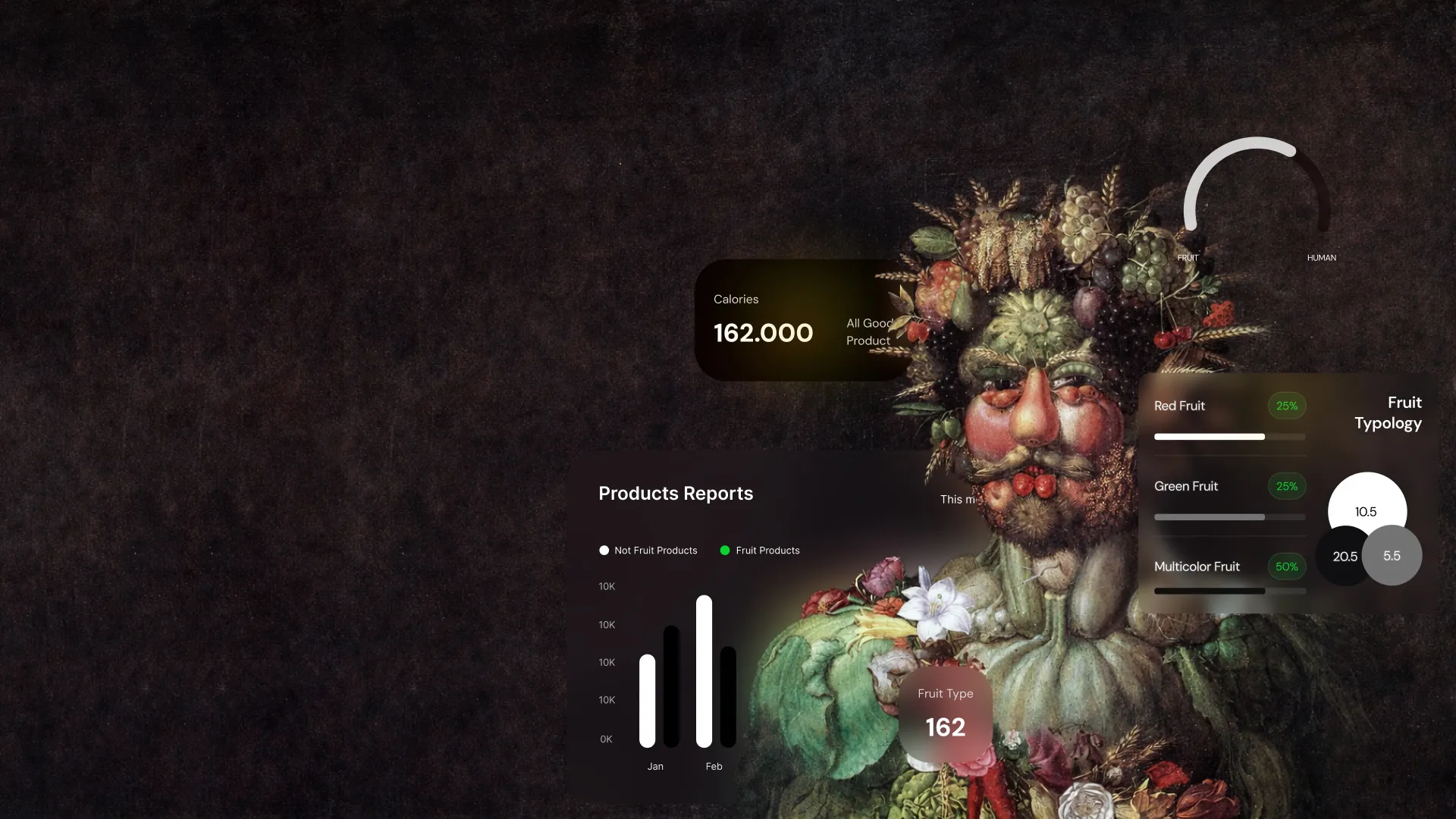 Ritratto allegorico composto da frutta e vegetali in stile Arcimboldo, integrato con dashboard e grafici di analisi dei dati.