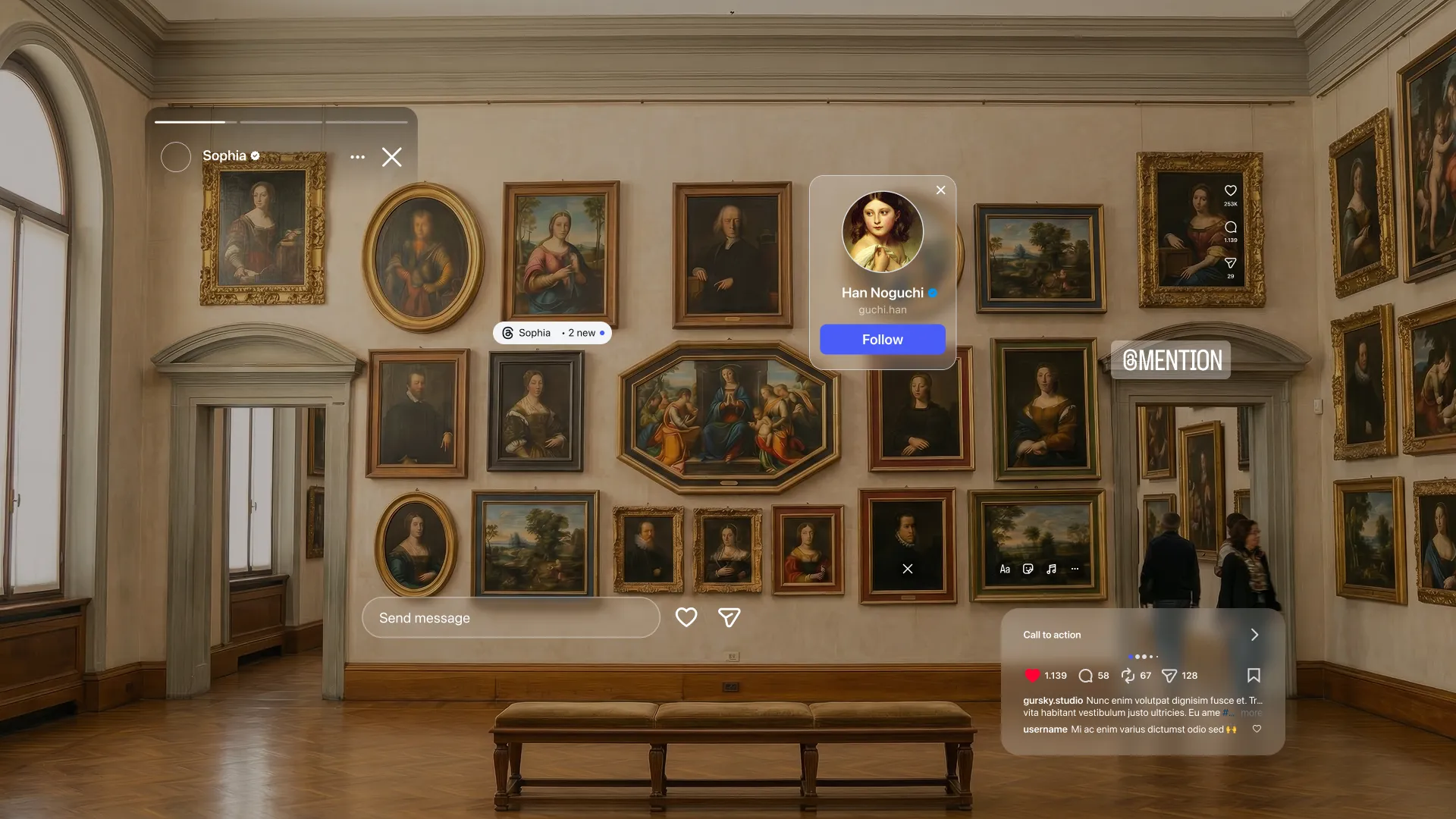 Sala museale con parete di dipinti classici incorniciati, arricchita da sovrapposizioni di interfaccia social e funzionalità interattive digitali.
